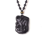 Handmade Natural Black Obsidian Carved Mother Baby Cute Elephant Amulet