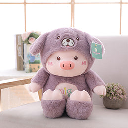 Hooded Plush Pig Doll Transforms into White Cat/Pink Bear/Purple Dog Fluffy