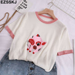 Casual Knit Pig Embroidery Women's T-Shirt