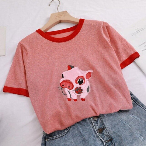Casual Knit Pig Embroidery Women's T-Shirt